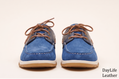 Front view of DayLife Leather men's blue suede boat shoes with brown laces, stylish casual leather loafers for men.