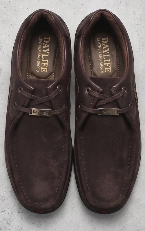 Side profile of DayLife Leather men's dark brown genuine leather casual shoes with laces, premium comfortable leather loafers for men.