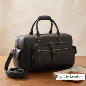 Handcrafted Multi-Pocket Black Leather Travel Duffel Bag - Daylife Leather