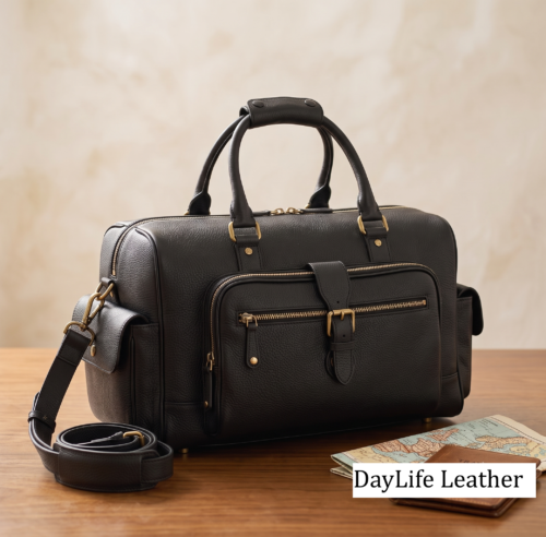 Handcrafted Multi-Pocket Black Leather Travel Duffel Bag - Daylife Leather