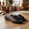 Premium black leather wedge slide sandals by DayLife Leather displayed on a polished concrete floor in a bright, modern living room setting.