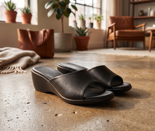 Premium black leather wedge slide sandals by DayLife Leather displayed on a polished concrete floor in a bright, modern living room setting.