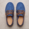 Upper view of DayLife Leather men's blue suede boat shoes with brown laces, stylish casual leather loafers for men.