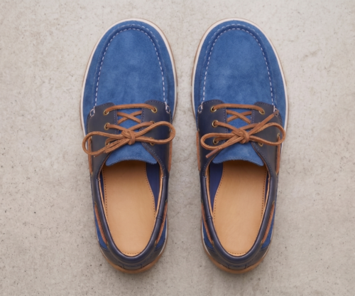 Upper view of DayLife Leather men's blue suede boat shoes with brown laces, stylish casual leather loafers for men.