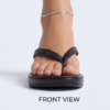 Woman wearing black leather Valentino wedge sandals: detailed product views including front, back, side, and top with Valentino branding.