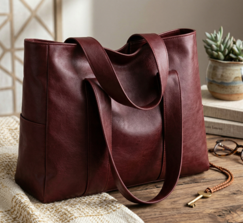 DayLife Leather women's burgundy leather tote bag made from premium leather, spacious shoulder handbag for work, office, travel, shopping and everyday use.