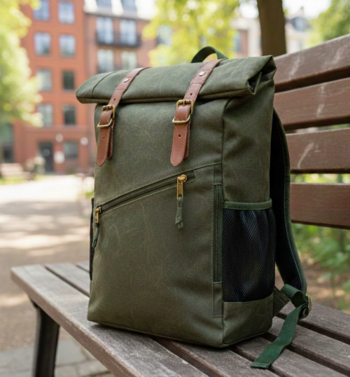 DayLife Leather olive green waxed canvas roll top backpack with leather straps, waterproof travel laptop backpack for men and women