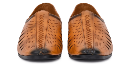 Front sort view of DayLife Leather men's tan genuine leather mojari style loafers, featuring laser-cut breathable design and burnished dual-tone finish.