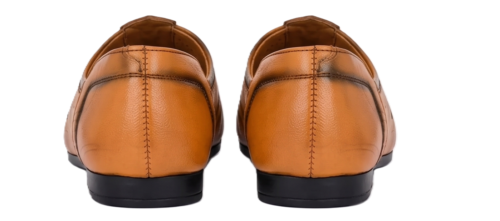 Back view of DayLife Leather men's tan genuine leather mojari style loafers, featuring laser-cut breathable design and burnished dual-tone finish.