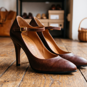 daylife-leather-brown-mary-jane-pumps-ankle-strap.jpg Premium brown textured leather Mary Jane high heel pumps with an adjustable ankle strap and gold buckle by DayLife Leather, displayed on a wooden floor.