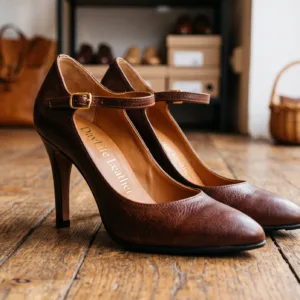 Premium brown textured leather Mary Jane high heel pumps with an adjustable ankle strap and gold buckle by DayLife Leather, displayed on a wooden floor.