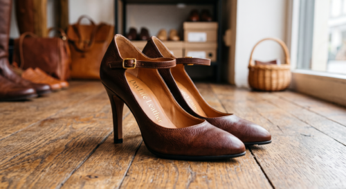 Premium brown textured leather Mary Jane high heel pumps with an adjustable ankle strap and gold buckle by DayLife Leather, displayed on a wooden floor.