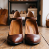 DayLife Leather Classic Brown Mary Jane Pumps with Ankle Strap