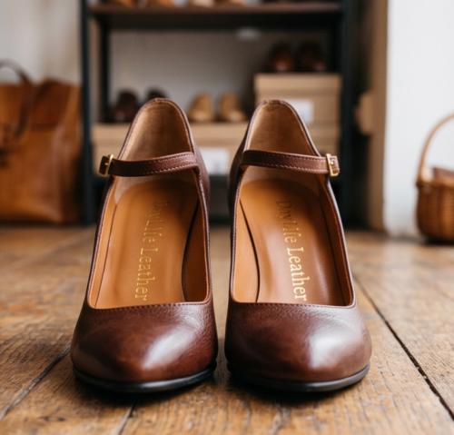 DayLife Leather Classic Brown Mary Jane Pumps with Ankle Strap
