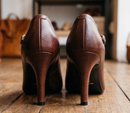 DayLife Leather Classic Brown Mary Jane Pumps with Ankle Strap