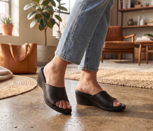 DayLife Leather women's black leather wedge sandals showcased in a well-lit studio home interior.