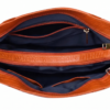 Inside view of an organized leather office bag showing multiple zippered dividers, deep inner lining, and spacious slots.