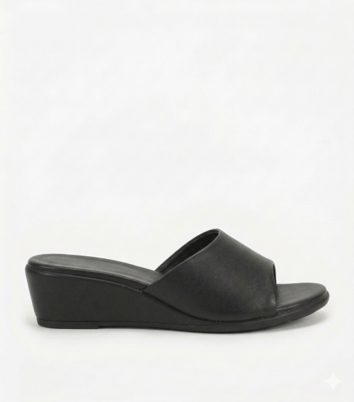 DayLife Leather Women's Premium Black Leather Wedge Slide Sandals