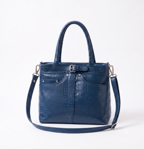 Front view of DayLife Leather deep blue croco-textured office bag for women featuring dual top handles and an adjustable shoulder strap.