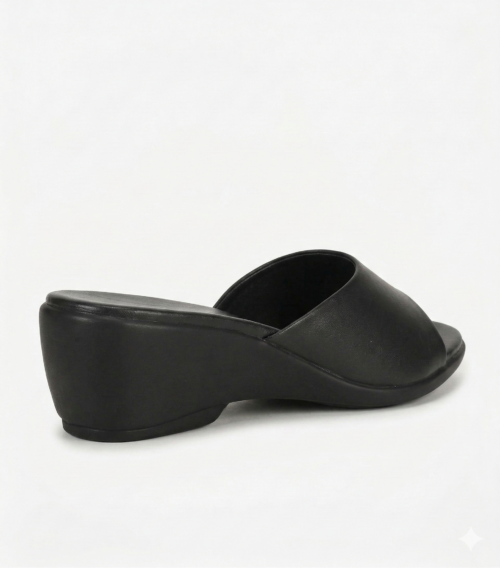 DayLife Leather Women's Premium Black Leather Wedge Slide Sandals