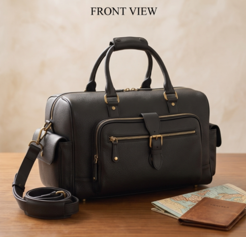 Handcrafted Multi-Pocket Black Leather Travel Duffel Bag - Daylife Leather