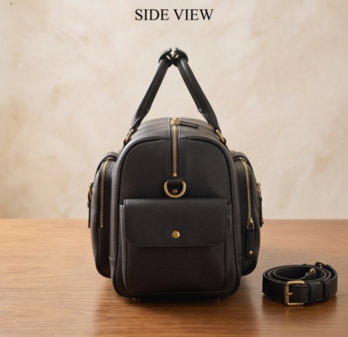 Handcrafted Multi-Pocket Black Leather Travel Duffel Bag - Daylife Leather