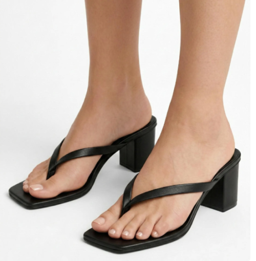 DayLife Leather Elegant Black Square Toe Heeled Sandals for Women