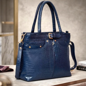 DayLife Leather Croco-Embossed Deep Blue Leather Bag – Premium Ladies Handbag & Office Bag for Women