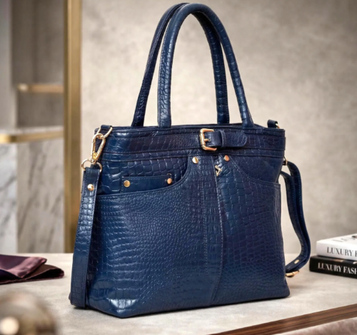 DayLife Leather Croco-Embossed Deep Blue Leather Bag – Premium Ladies Handbag & Office Bag for Women