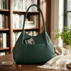 Daylife Leather Classic Green Hobo Bag Daylife Leather deep green pebble grain leather hobo shoulder bag with a front pocket holding a smartphone on a wooden table.