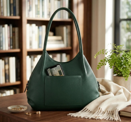 Daylife Leather deep green pebble grain leather hobo shoulder bag with a front pocket holding a smartphone on a wooden table.