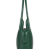 Daylife Leather deep green pebble grain leather hobo shoulder bag with a front pocket holding a smartphone on a wooden table.