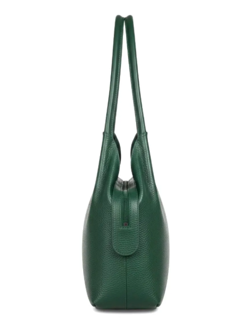 Daylife Leather deep green pebble grain leather hobo shoulder bag with a front pocket holding a smartphone on a wooden table.