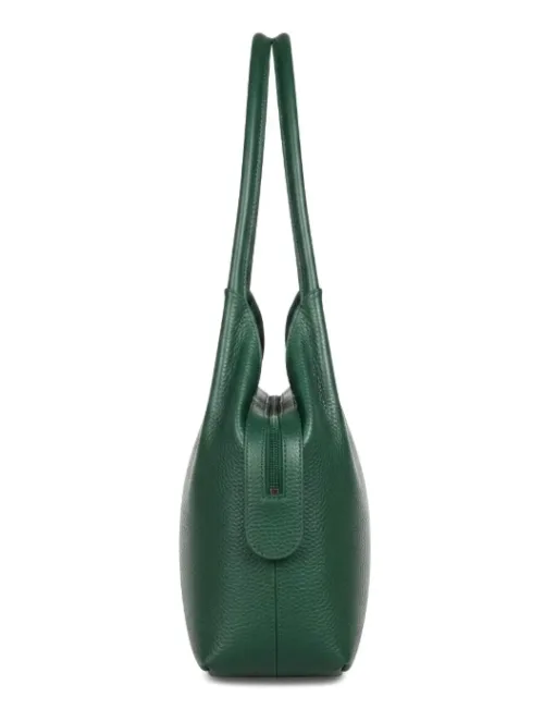 Daylife Leather Classic Green Hobo Bag Daylife Leather deep green pebble grain leather hobo shoulder bag with a front pocket holding a smartphone on a wooden table.