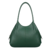 Daylife Leather deep green pebble grain leather hobo shoulder bag with a front pocket holding a smartphone on a wooden table.