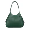 Daylife Leather Classic Green Hobo Bag Daylife Leather deep green pebble grain leather hobo shoulder bag with a front pocket holding a smartphone on a wooden table.