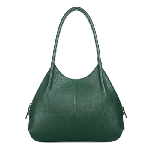 Daylife Leather deep green pebble grain leather hobo shoulder bag with a front pocket holding a smartphone on a wooden table.