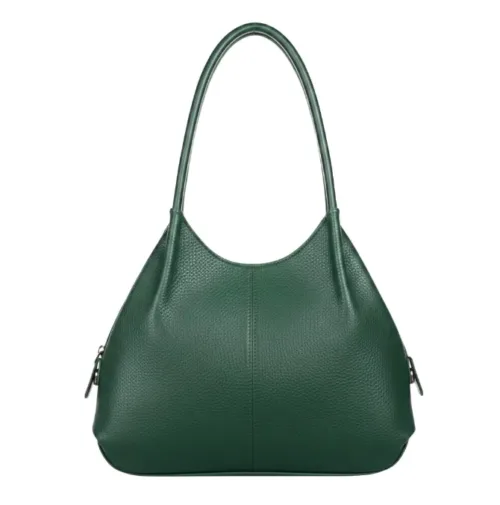 Daylife Leather Classic Green Hobo Bag Daylife Leather deep green pebble grain leather hobo shoulder bag with a front pocket holding a smartphone on a wooden table.