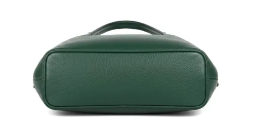 Daylife Leather Classic Green Hobo Bag Daylife Leather deep green pebble grain leather hobo shoulder bag with a front pocket holding a smartphone on a wooden table.