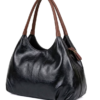 Screenshot 2026-07-26 230659 Daylife Leather dual-tone hobo shoulder bag featuring a glossy black leather body and brown handles against a beige background.