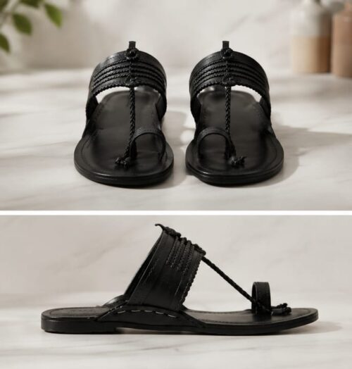Handmade Black Leather Toe Ring Sandals - Boho Kolhapuri Slides | DayLife Leather