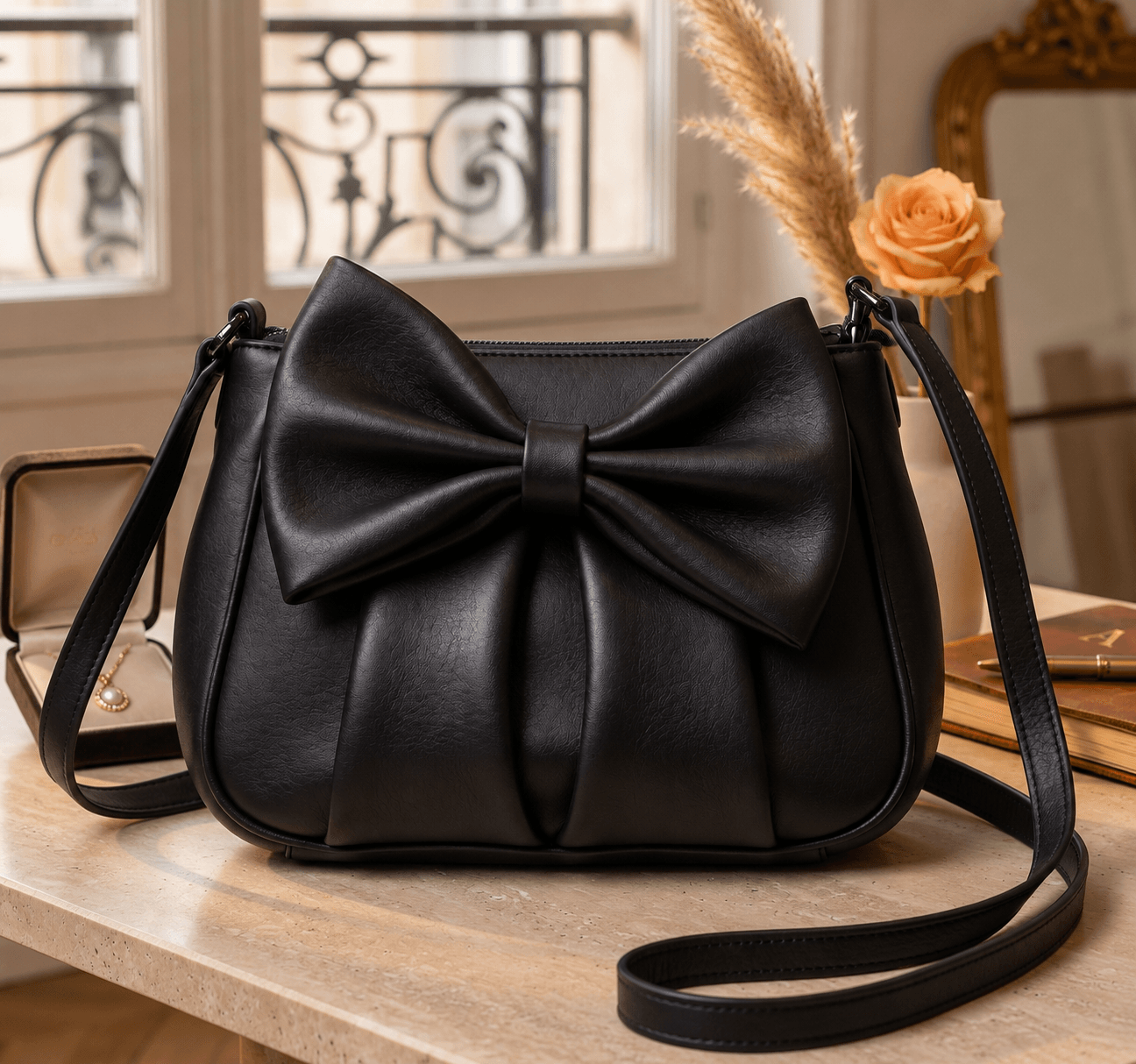 DayLife Leather Luxury Black Genuine Leather Bow-Knot Shoulder Bag with adjustable strap placed on a table.