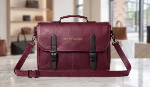 Handcrafted burgundy leather messenger bag with black buckle straps and top handle by DayLife Leather, displayed on a white marble tabletop.