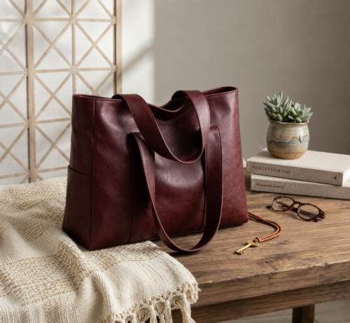 DayLife Leather women's burgundy leather tote bag made from premium leather, spacious shoulder handbag for work, office, travel, shopping and everyday use.