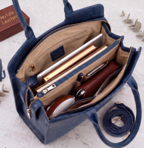 Organized Interior of DayLife Leather Work Bag with Laptop and Mobile Compartments