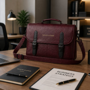 premium-genuine-leather-office-burgundy-daylife-leather.jpg remium burgundy genuine leather messenger bag for men and professionals by DayLife Leather, featuring elegant gold embossed branding and matte black hardware loops.