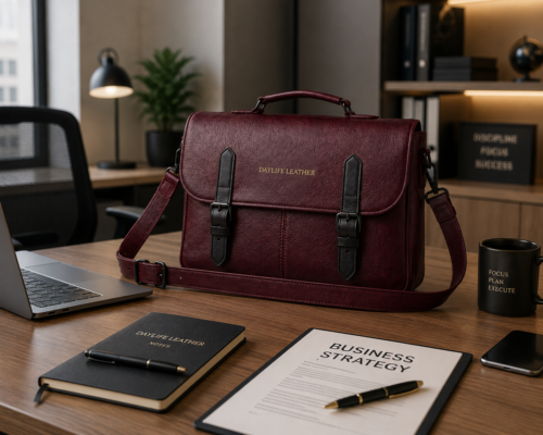premium-genuine-leather-office-burgundy-daylife-leather.jpg remium burgundy genuine leather messenger bag for men and professionals by DayLife Leather, featuring elegant gold embossed branding and matte black hardware loops.
