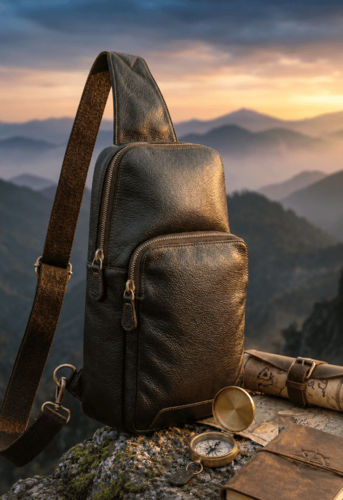 Handcrafted Black Leather Crossbody Sling Backpack – Everyday Casual Chest Bag