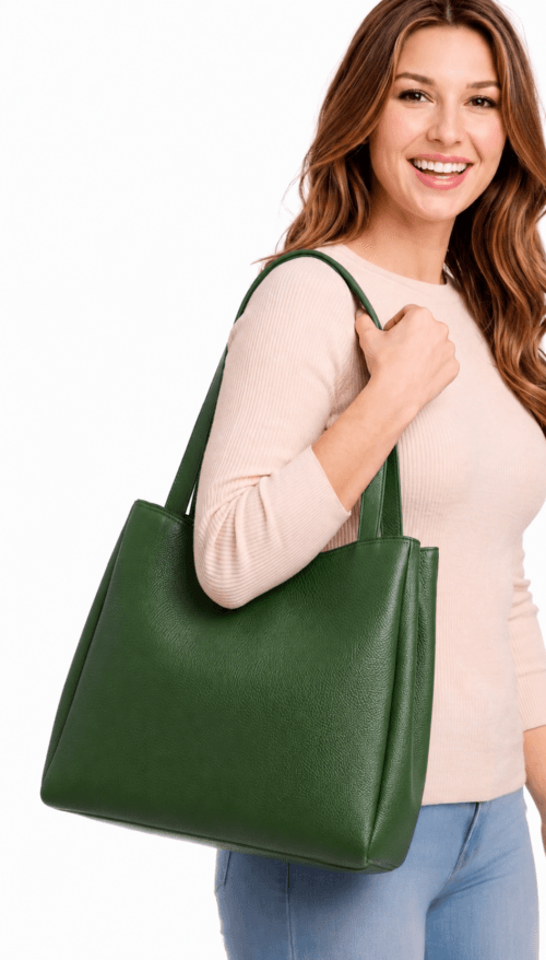 Inside view of green leather tote bag showing zip pocket and lining
