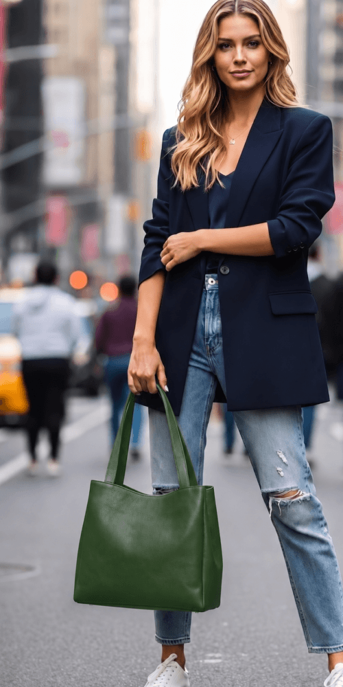 Woman holding green leather tote bag with a smile